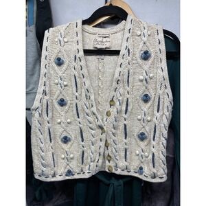 Vtg Christopher And Banks Womans Sweater Vest Size Medium Hand Embroidered Knit